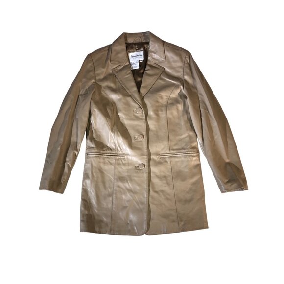 Pamela McCoy Women's Vintage Y2K Taupe Leather Blazer Duster - Picture 1 of 8